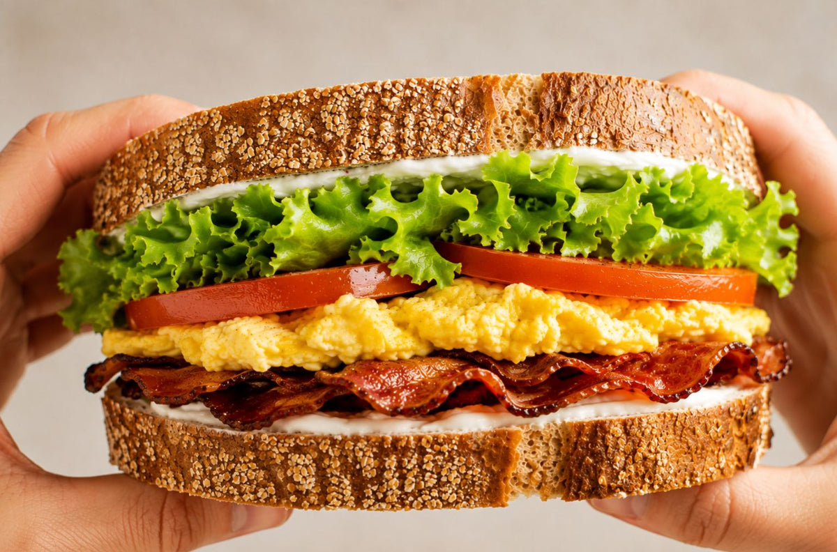 Sandwich mit Rührei und Bacon