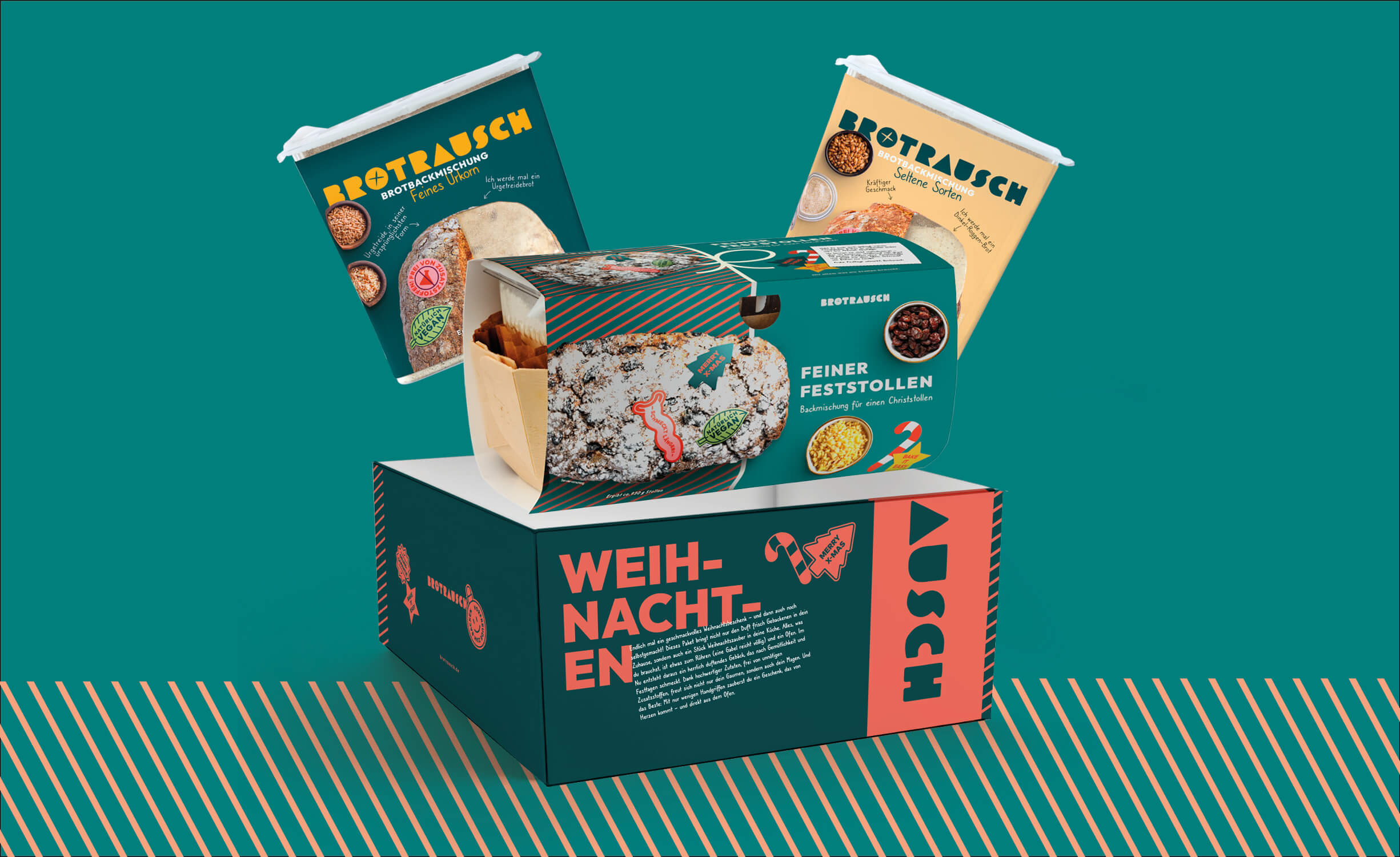 Teaser für Geschenkbox zu Weihnachten mit exemplarisch Stollenbackmischung und zwei Brotbackmischungen