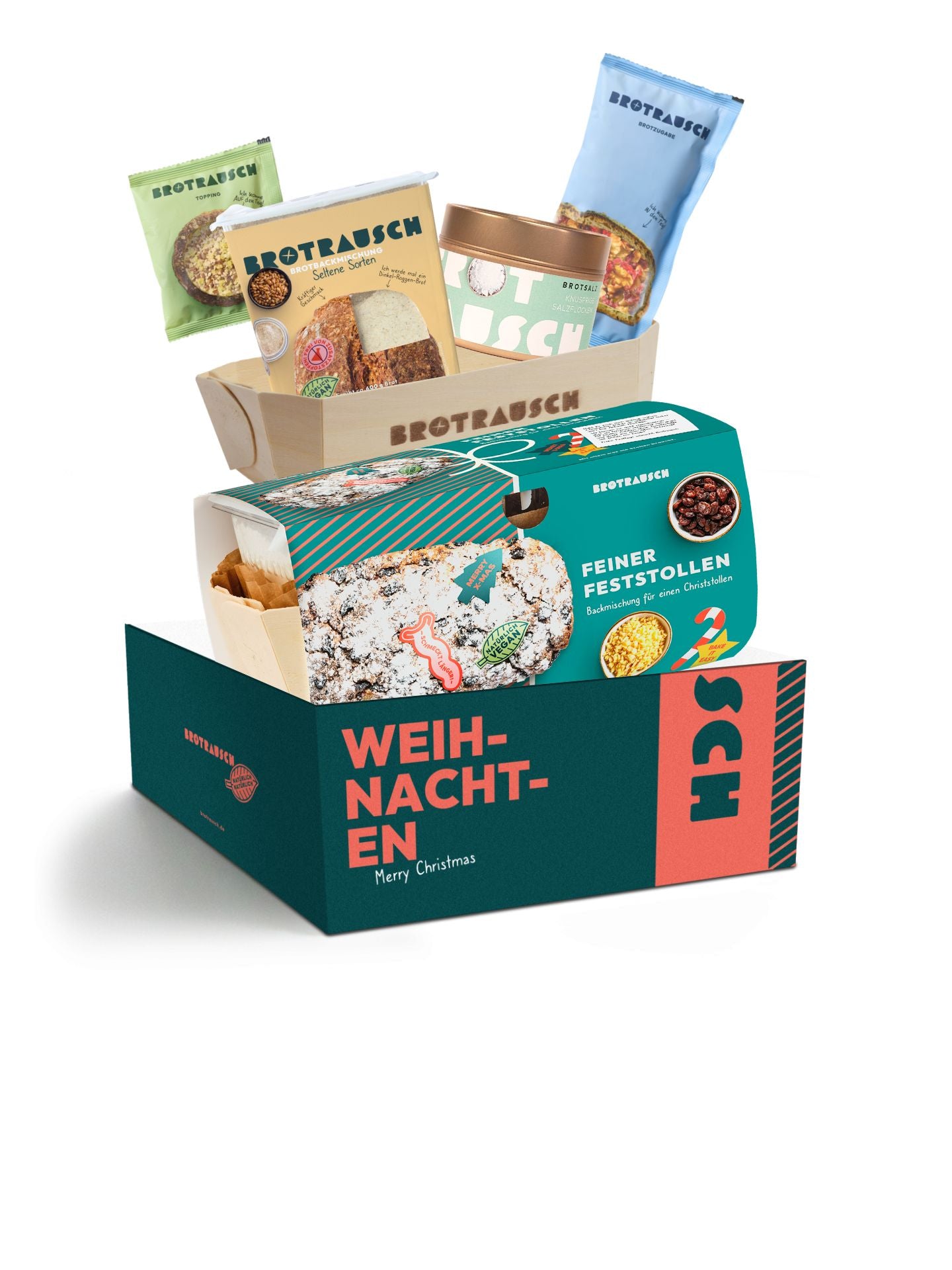 Weihnachten Geschenkbox L mit Christstollen Backmischung, 1x Brotbackmischung & Stullensalz Avocado