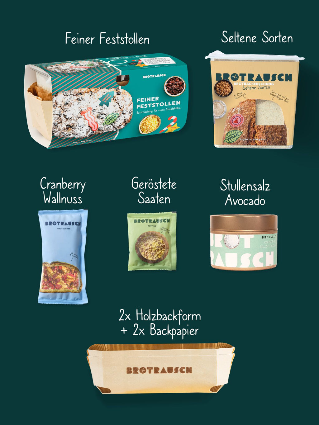 Weihnachten Geschenkbox L mit Christstollen Backmischung, 1x Brotbackmischung & Stullensalz Avocado