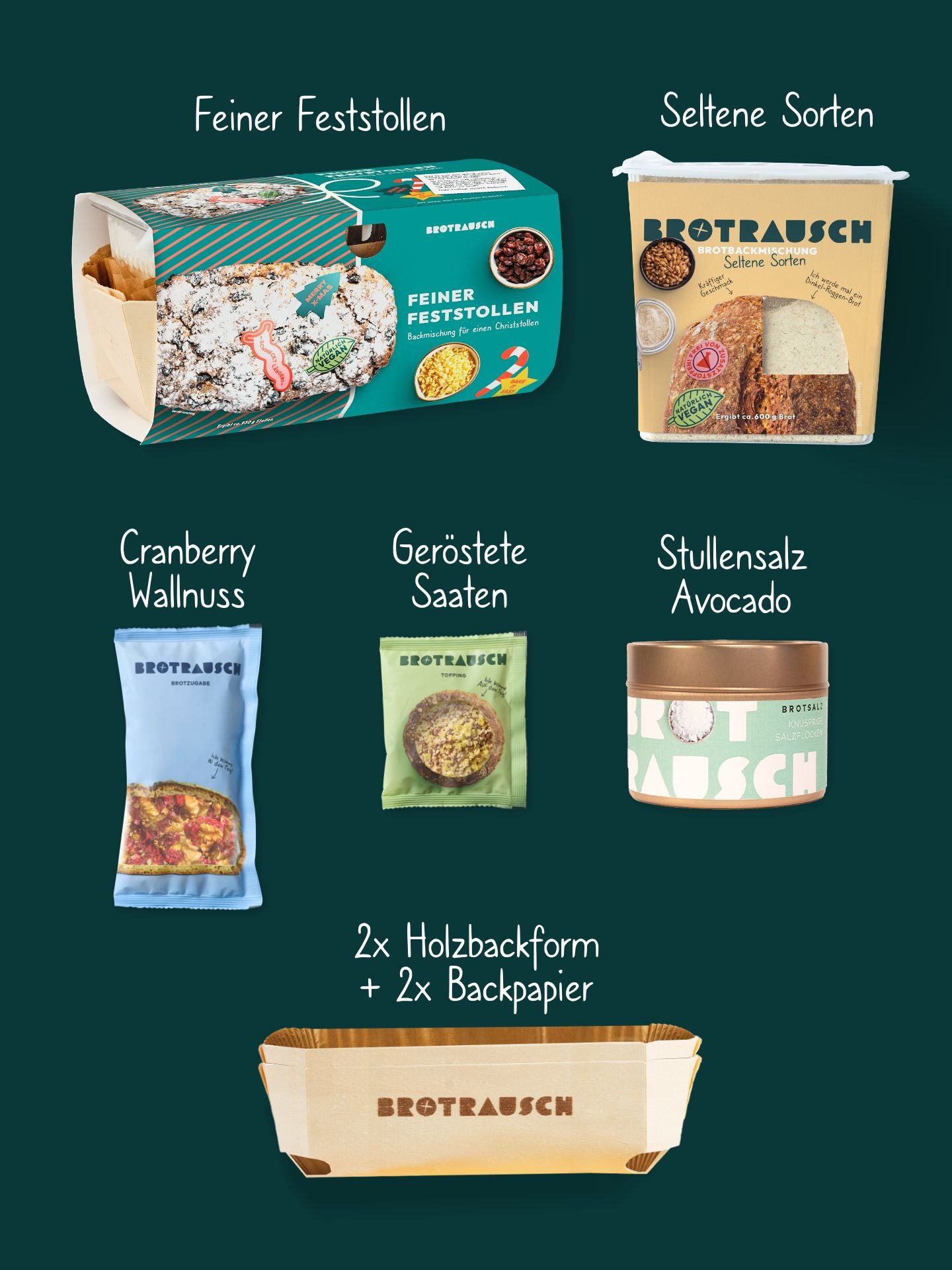 Weihnachten Geschenkbox L mit Christstollen Backmischung, 1x Brotbackmischung & Stullensalz Avocado