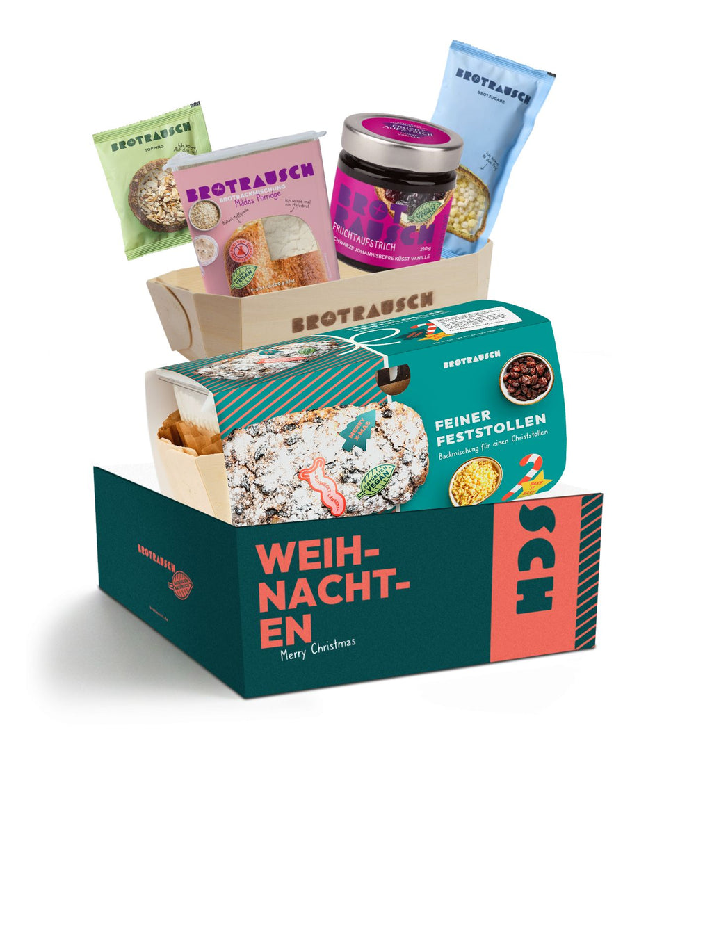 Weihnachten Geschenkbox L mit Christstollen Backmischung, 1x Brotbackmischung & Fruchtaufstrich
