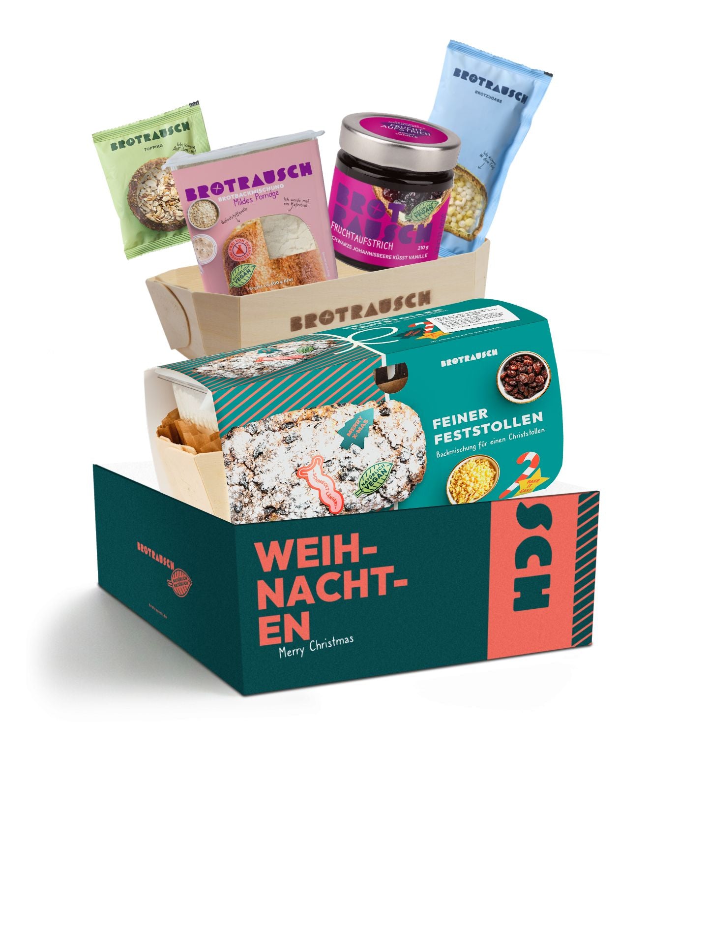 Weihnachten Geschenkbox L mit Christstollen Backmischung, 1x Brotbackmischung & Fruchtaufstrich