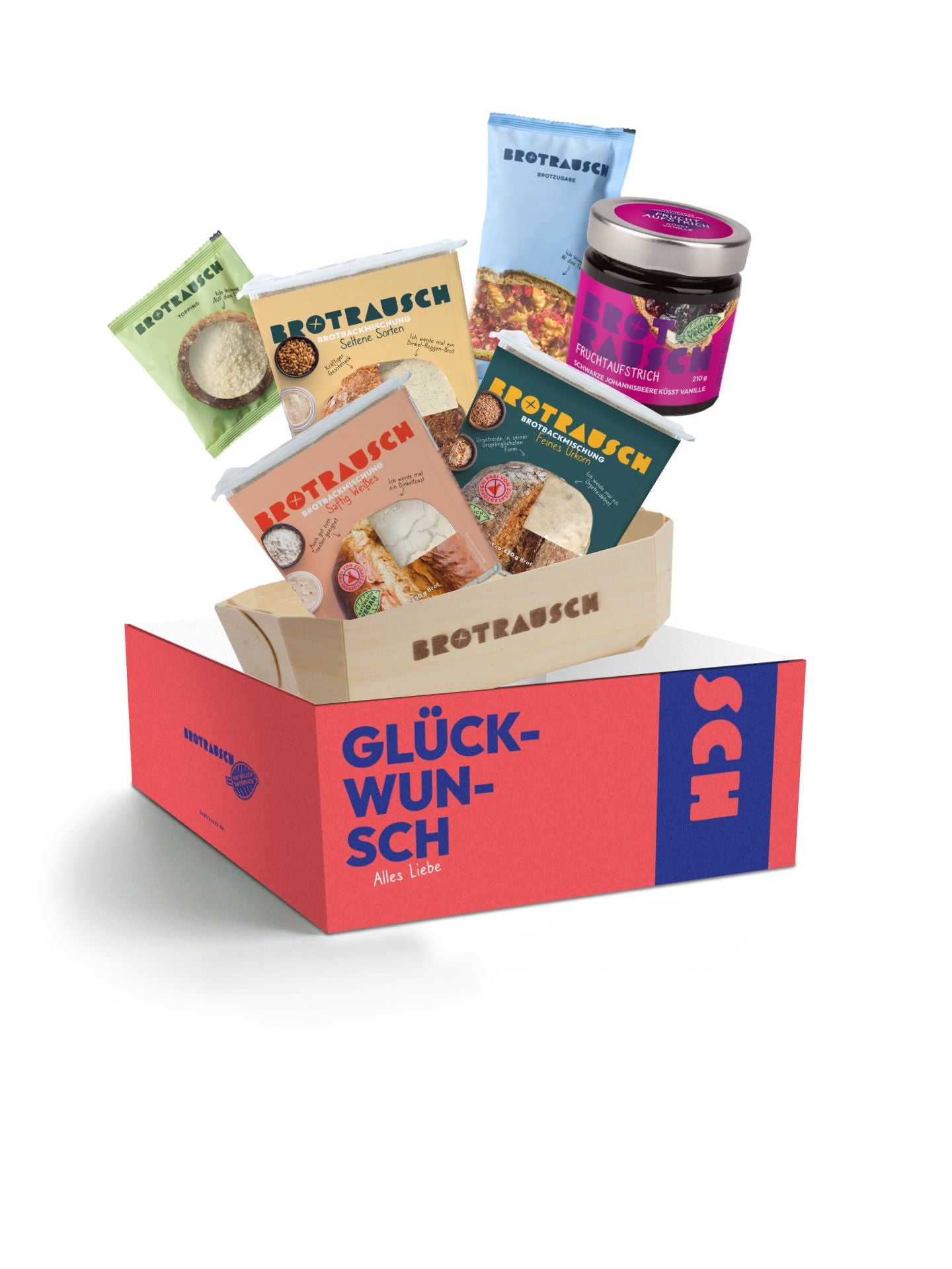 Glückwunsch Geschenkbox L mit 3x Brotbackmischung & Fruchtaufstrich