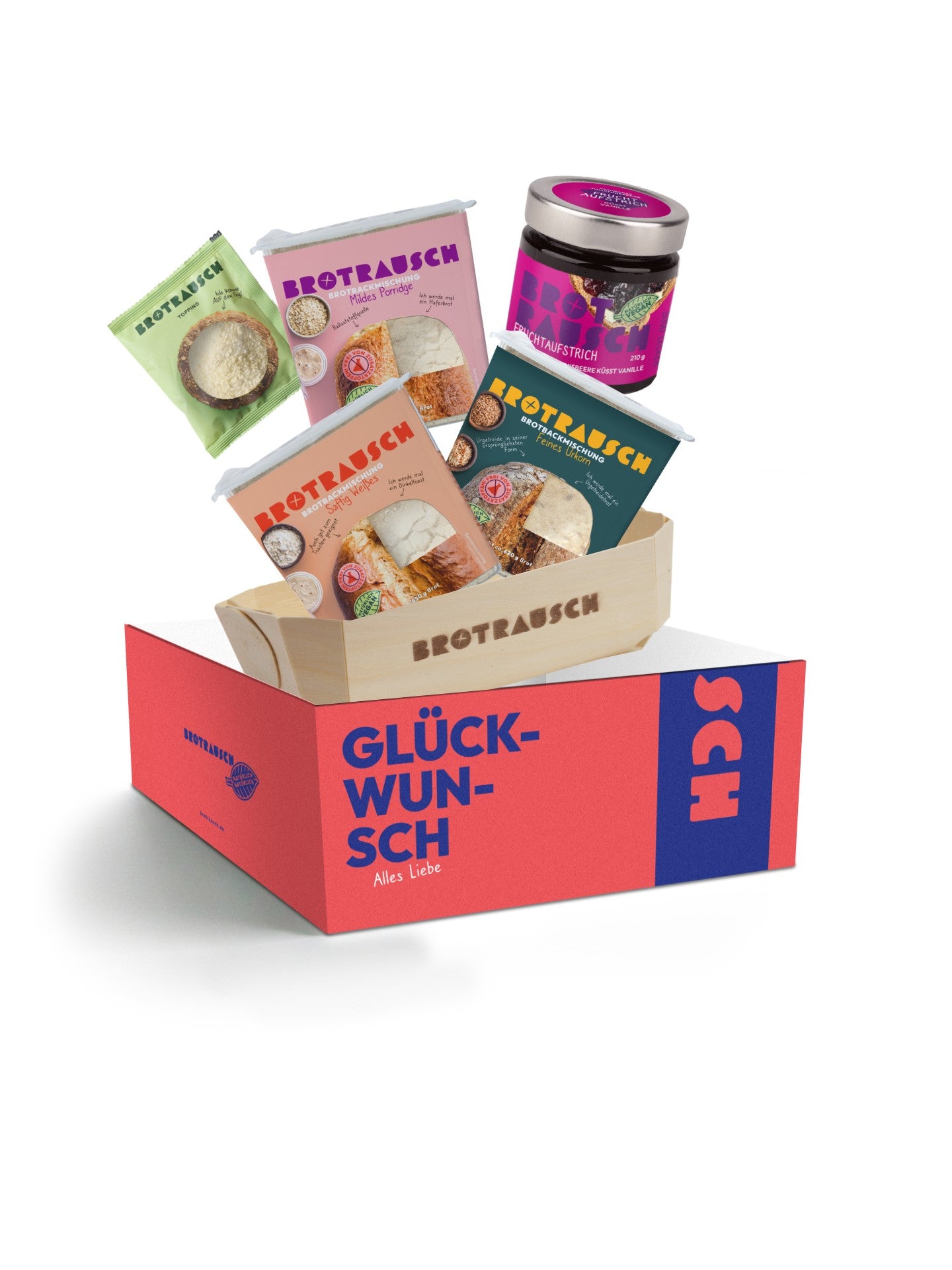 Glückwunsch Geschenkbox L mit 3x Brotbackmischung & Fruchtaufstrich