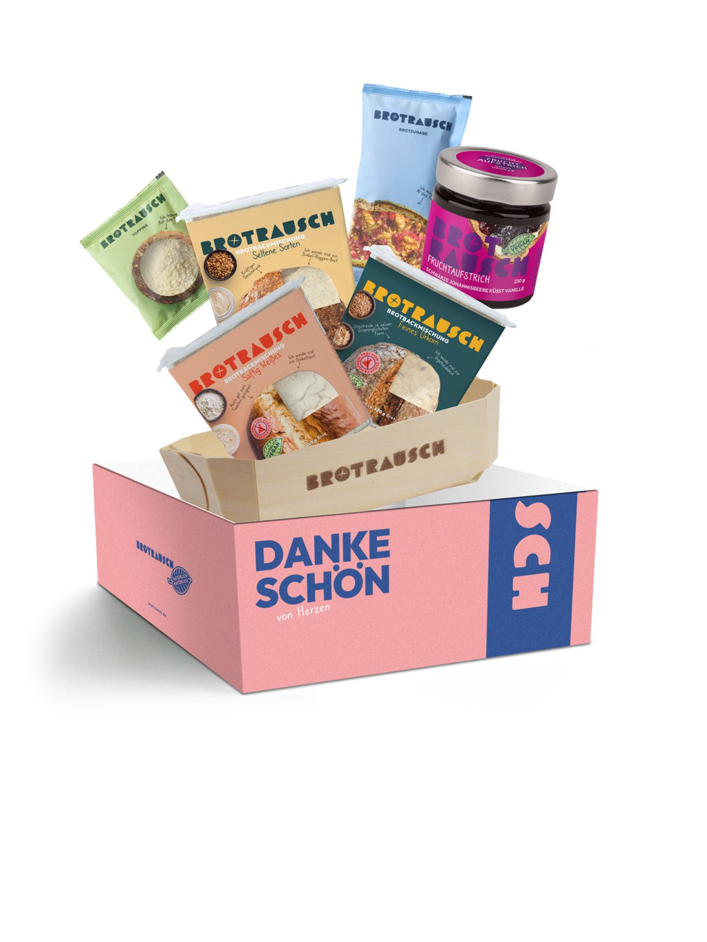 Dankeschön Geschenkbox L mit 3x Brotbackmischung & Fruchtaufstrich
