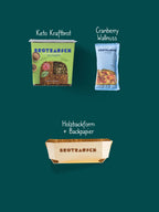 Inhalt Mitbringsel Geschenkbox S: Keto Kraftbrot, Topping Geröstete Saaten und Holzbackform mit Backpapier