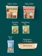 Inhalt Mitbringsel Geschenkbox M: Seltene Sorten, Saftig Weißes, drei Toppings und Holzbackformen