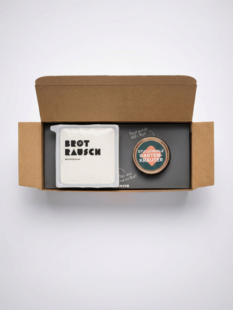 Brotrausch Geschenkbox mit Stullensalz Gartenkräuter im geöffneten Versandkarton