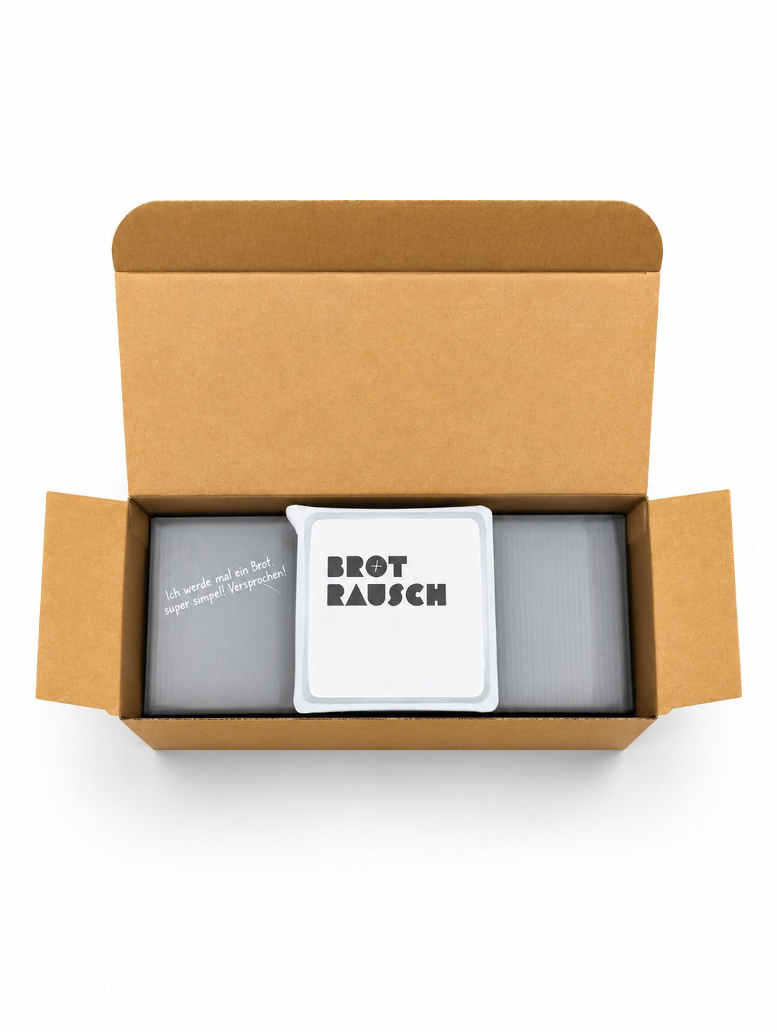 Brotrausch Geschenkbox mit einer Brotbackmischung im geöffneten Versandkarton