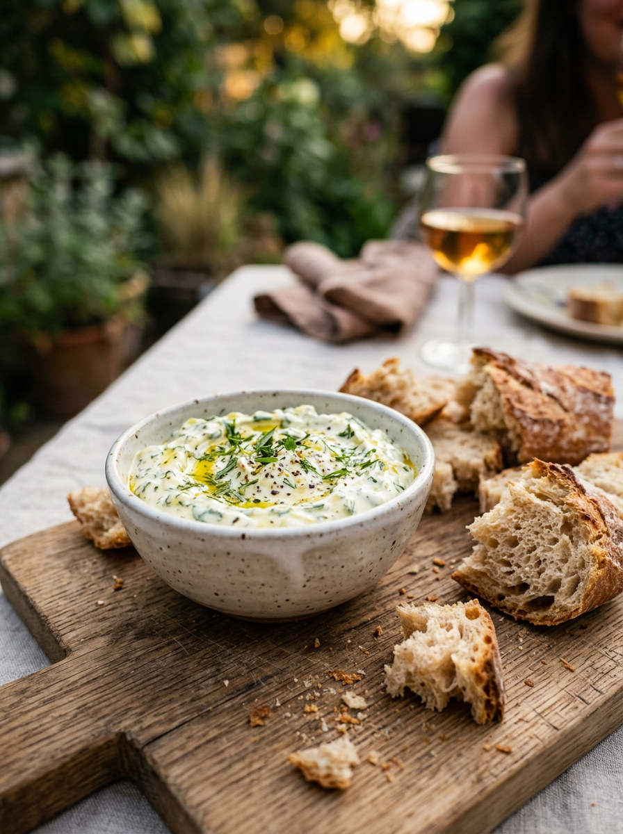 Café de Paris Dip mit frischem Brot am Abend im Garten