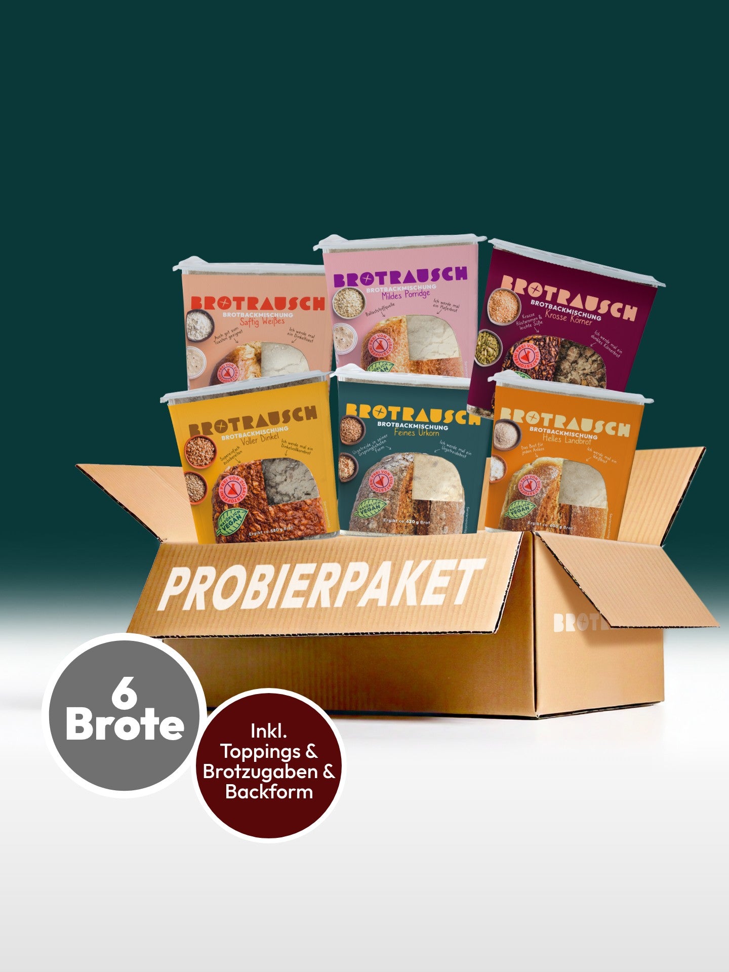 Brotrausch Paket zum Probieren mit  Brotbacmischungen und Toppings und Brotzugaben
