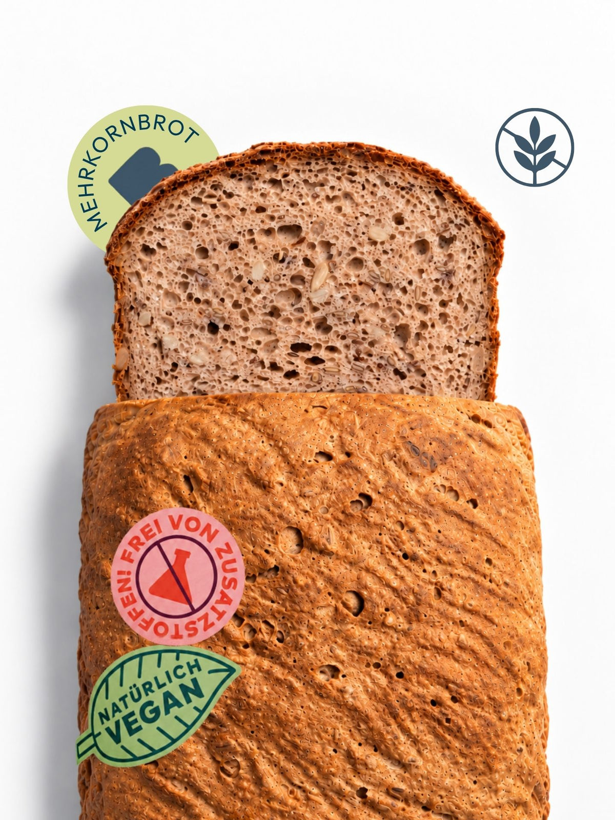 Glutenfreies Mehrkornbrot von Brotrausch mit Saaten, frisch gebacken und angeschnitten