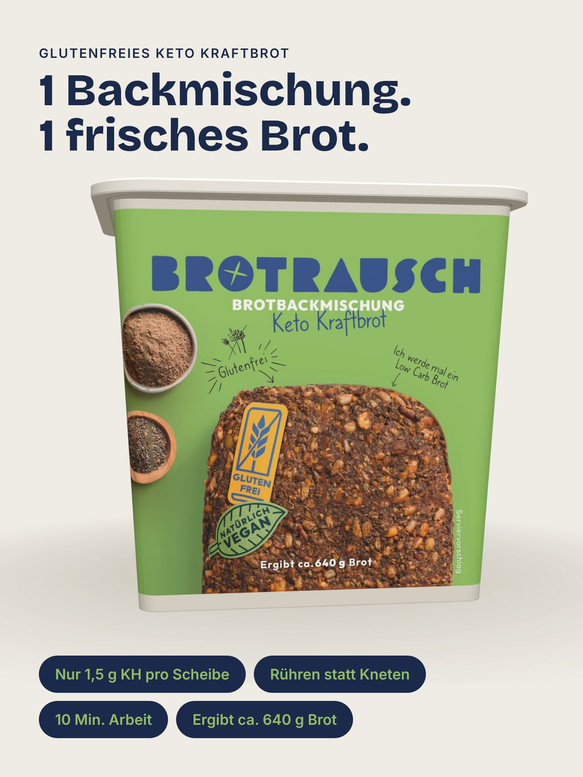 Brotrausch Backmischung für glutenfreies Keto Kraftbrot in der Packung, Low Carb, ergibt ca. 640 g Brot