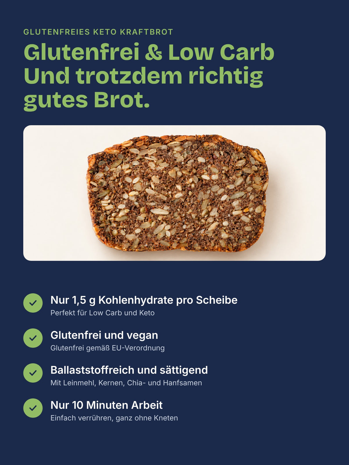 Scheibe glutenfreies Keto Kraftbrot mit nur 1,5 g Kohlenhydraten pro Scheibe, ballaststoffreich und vegan