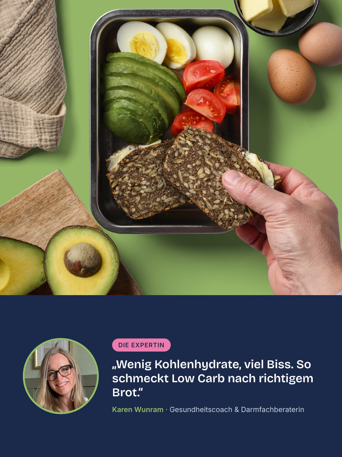 Low-Carb-Lunchbox mit Keto Kraftbrot, Avocado, Ei und Tomate, dazu Einschätzung von Gesundheitscoach Karen Wunram