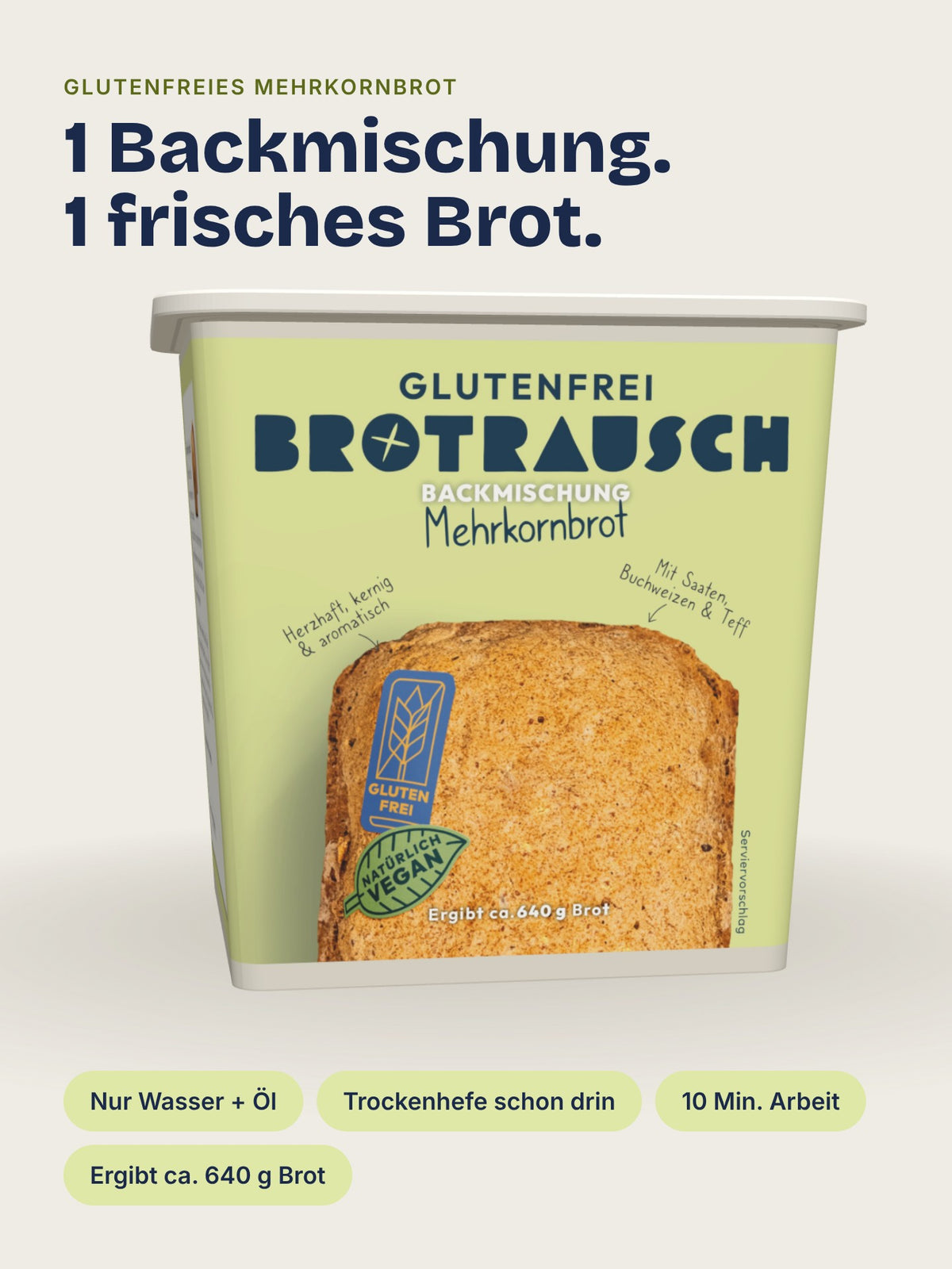Brotrausch Backmischung für glutenfreies Mehrkornbrot in der Packung, ergibt ca. 640 g Brot