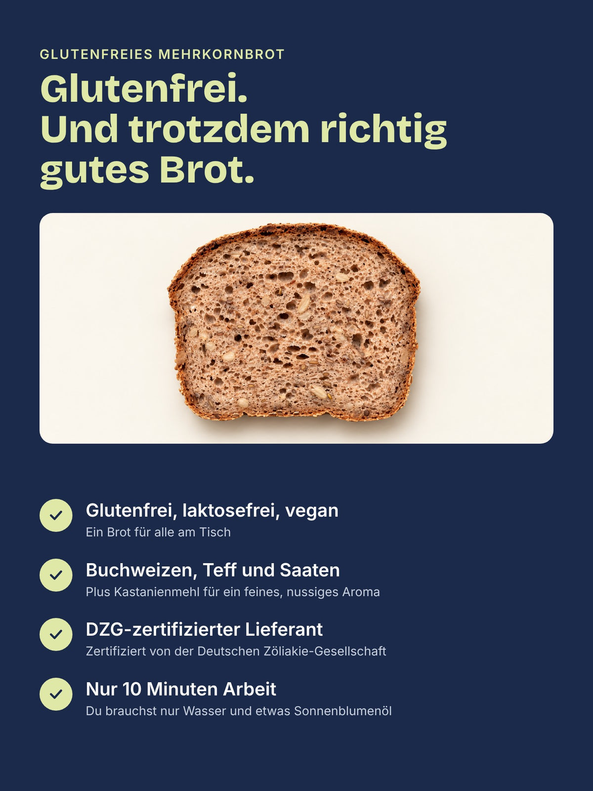 Scheibe glutenfreies Mehrkornbrot mit Buchweizen, Teff und Saaten, laktosefrei und vegan