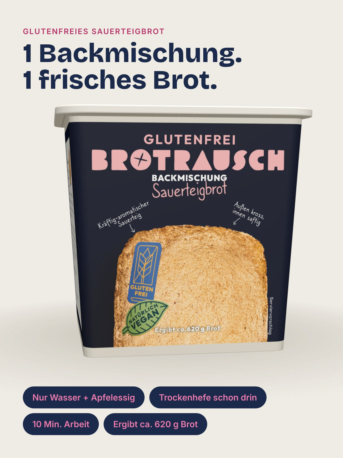 Brotrausch Backmischung für glutenfreies Sauerteigbrot in der Packung, ergibt ca. 620 g Brot