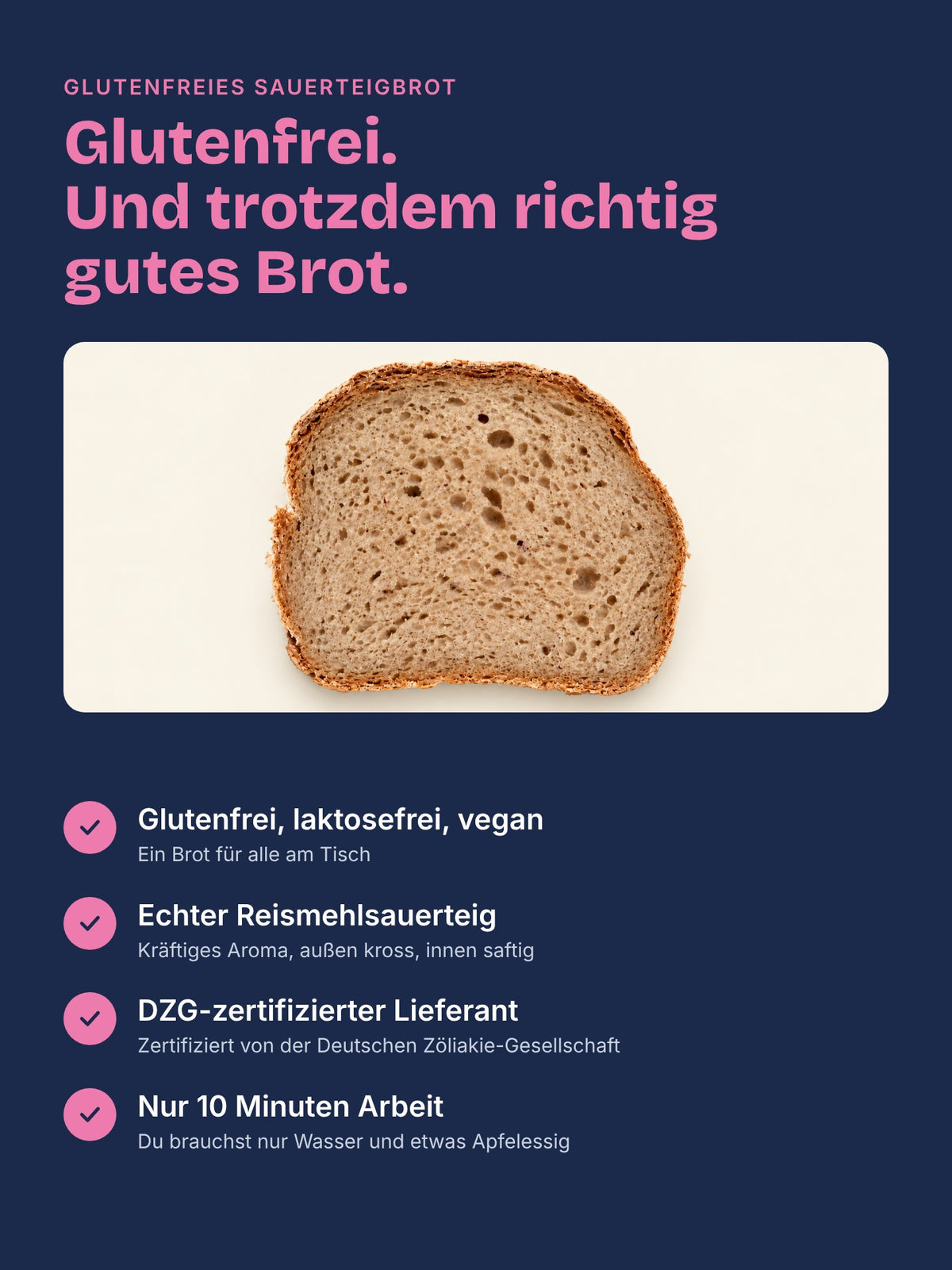 Scheibe glutenfreies Sauerteigbrot mit Reismehlsauerteig, laktosefrei und vegan, vom DZG-zertifizierten Lieferanten