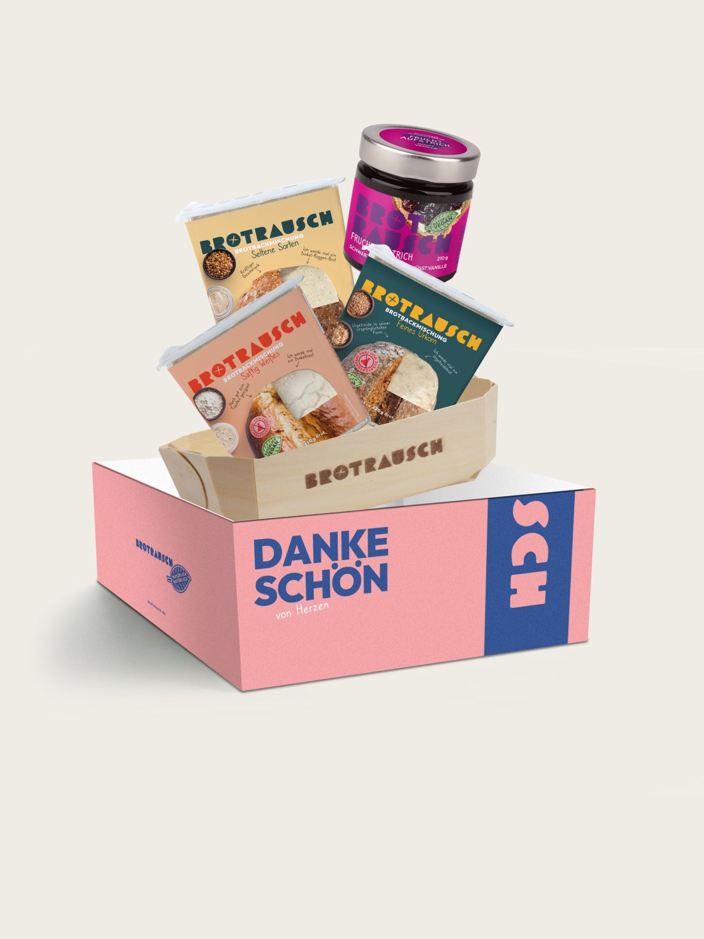 Dankeschön Geschenkbox L mit drei Brotbackmischungen, Toppings und Fruchtaufstrich