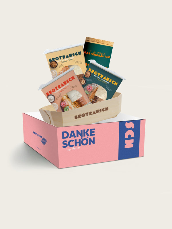 Dankeschön Geschenkbox L mit drei Brotbackmischungen, Toppings und Stullensalz Gartenkräuter