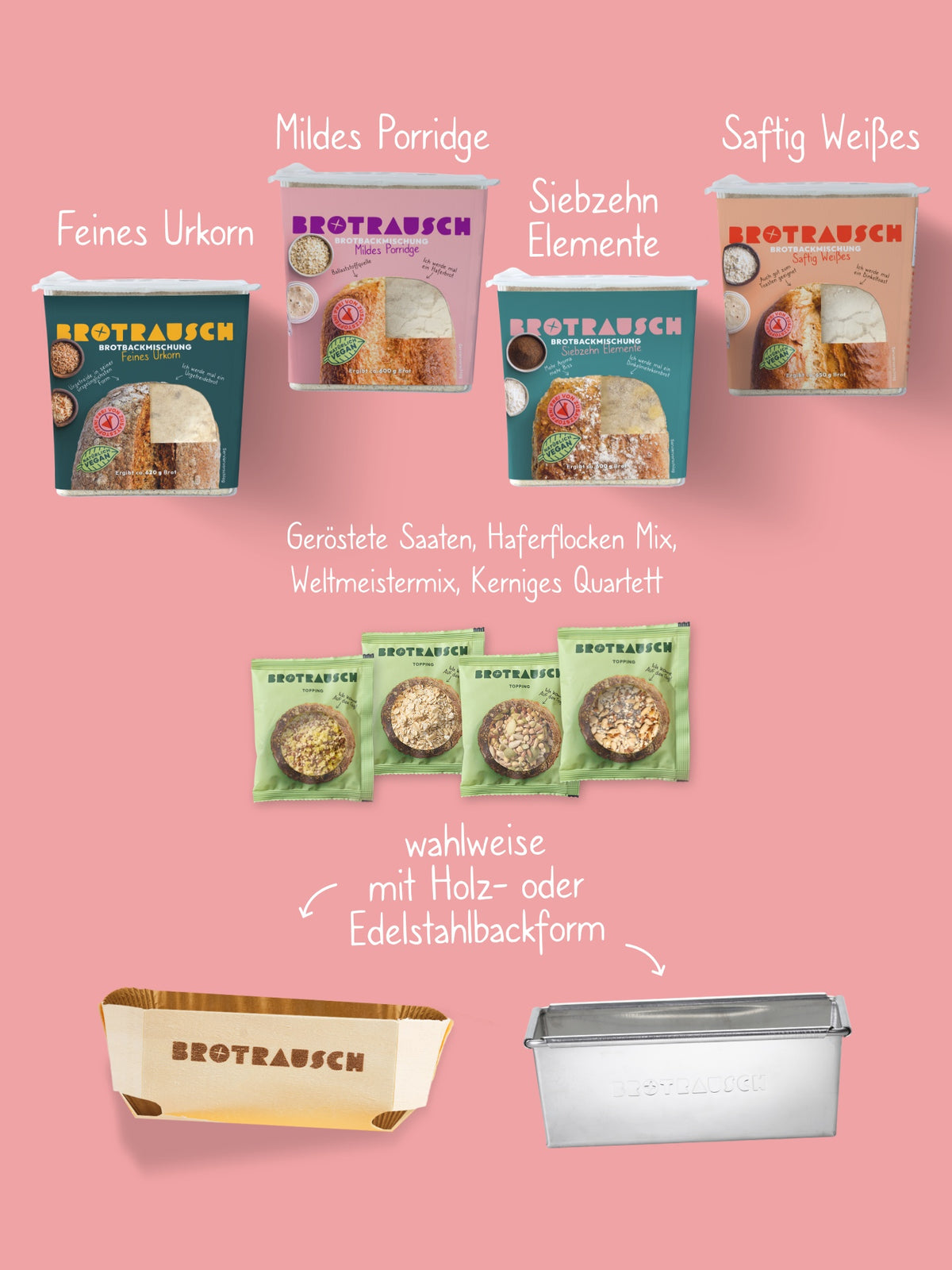 Inhalt Dankeschön Geschenkbox L: vier Brotbackmischungen, drei Toppings und zwei Holzbackformen