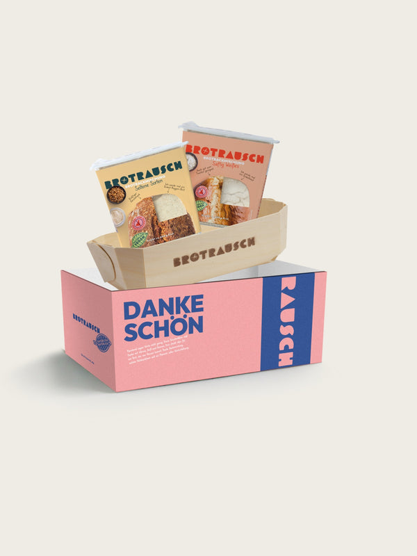 Dankeschön Geschenkbox M mit zwei Brotbackmischungen, Toppings und Holzbackform