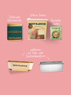 Inhalt Dankeschön Geschenkbox M: Brotbackmischung, Topping, Stullensalz Gartenkräuter und Holzbackform