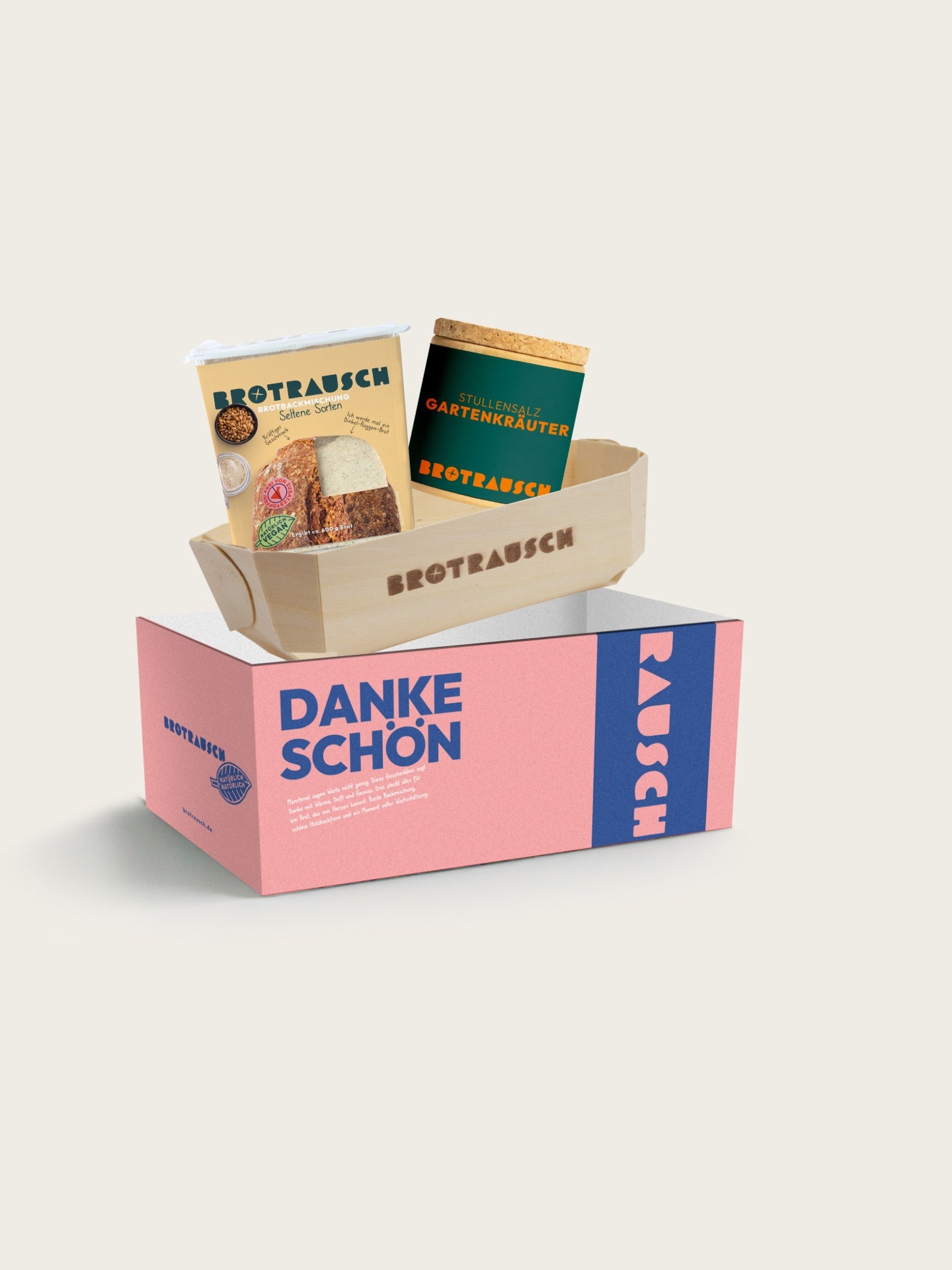 Dankeschön Geschenkbox M mit Brotbackmischung, Stullensalz Gartenkräuter und Holzbackform