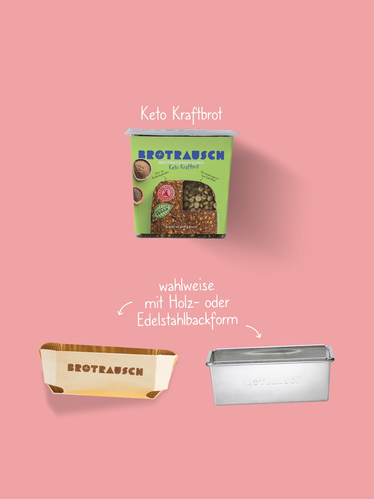 Inhalt Dankeschön Geschenkbox S: Keto Kraftbrot, glutenfrei, und Holzbackform mit Backpapier