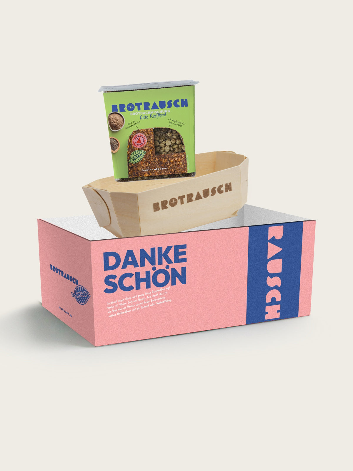 Dankeschön Geschenkbox S mit Brotbackmischung Keto Kraftbrot und Holzbackform