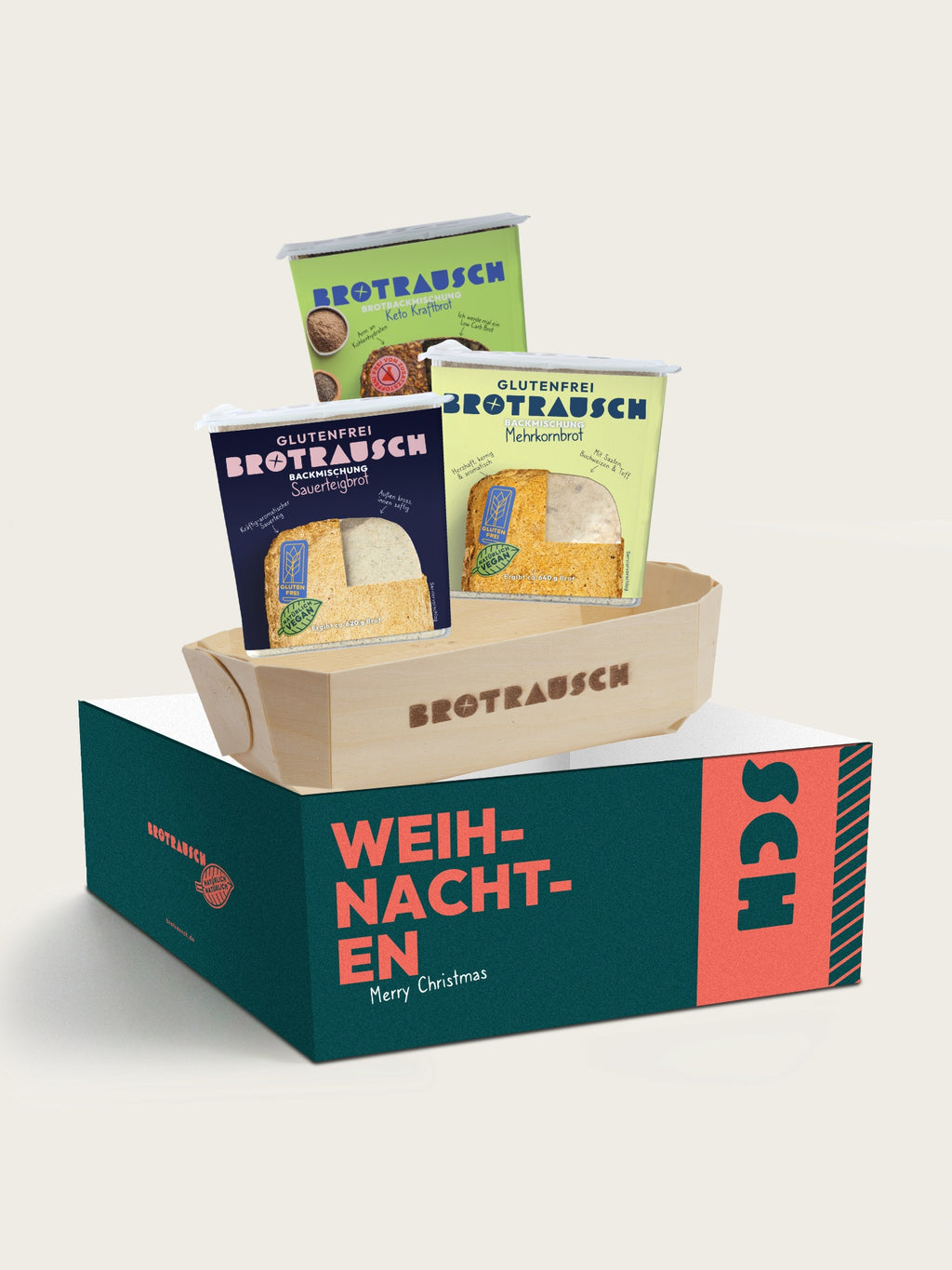 Geschenkbox Weihnachten L von Brotrausch mit drei glutenfreien Brotbackmischungen und Holzbackform