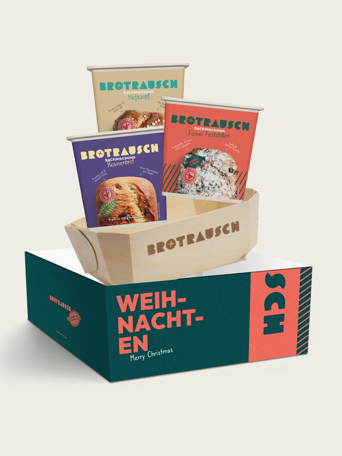 Geschenkbox Weihnachten L von Brotrausch mit Backmischungen für Hefezopf, Christstollen und Rosinenbrot
