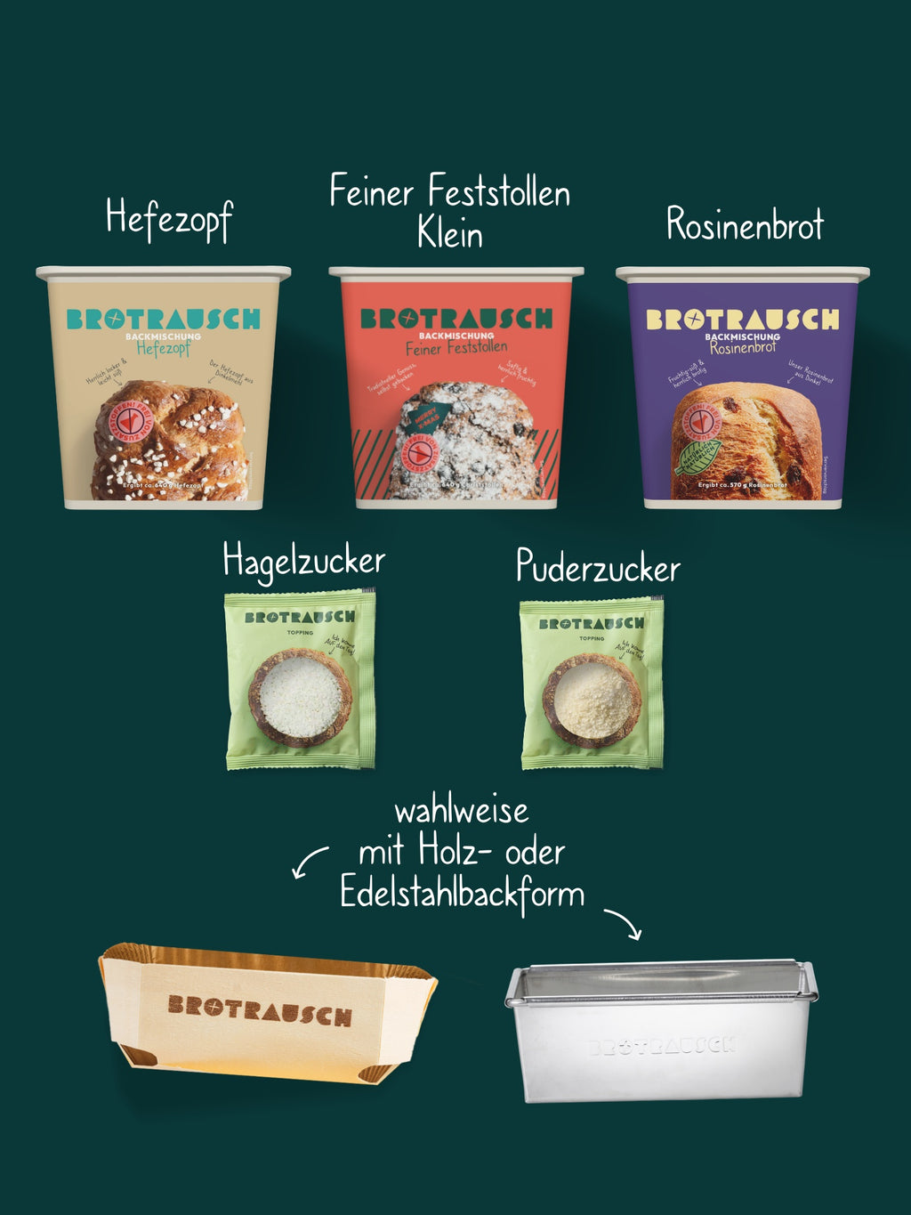 Inhalt der süßen Weihnachtsbox L: Hefezopf, Feiner Feststollen klein, Rosinenbrot, Hagelzucker, Puderzucker und Holzbackform