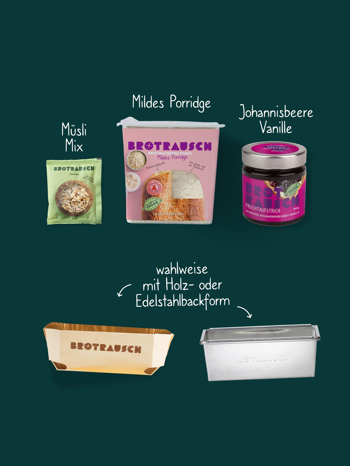 Inhalt der Weihnachtsbox M: Haferbrot-Backmischung Mildes Porridge, Topping Müsli Mix und Fruchtaufstrich Johannisbeere Vanille