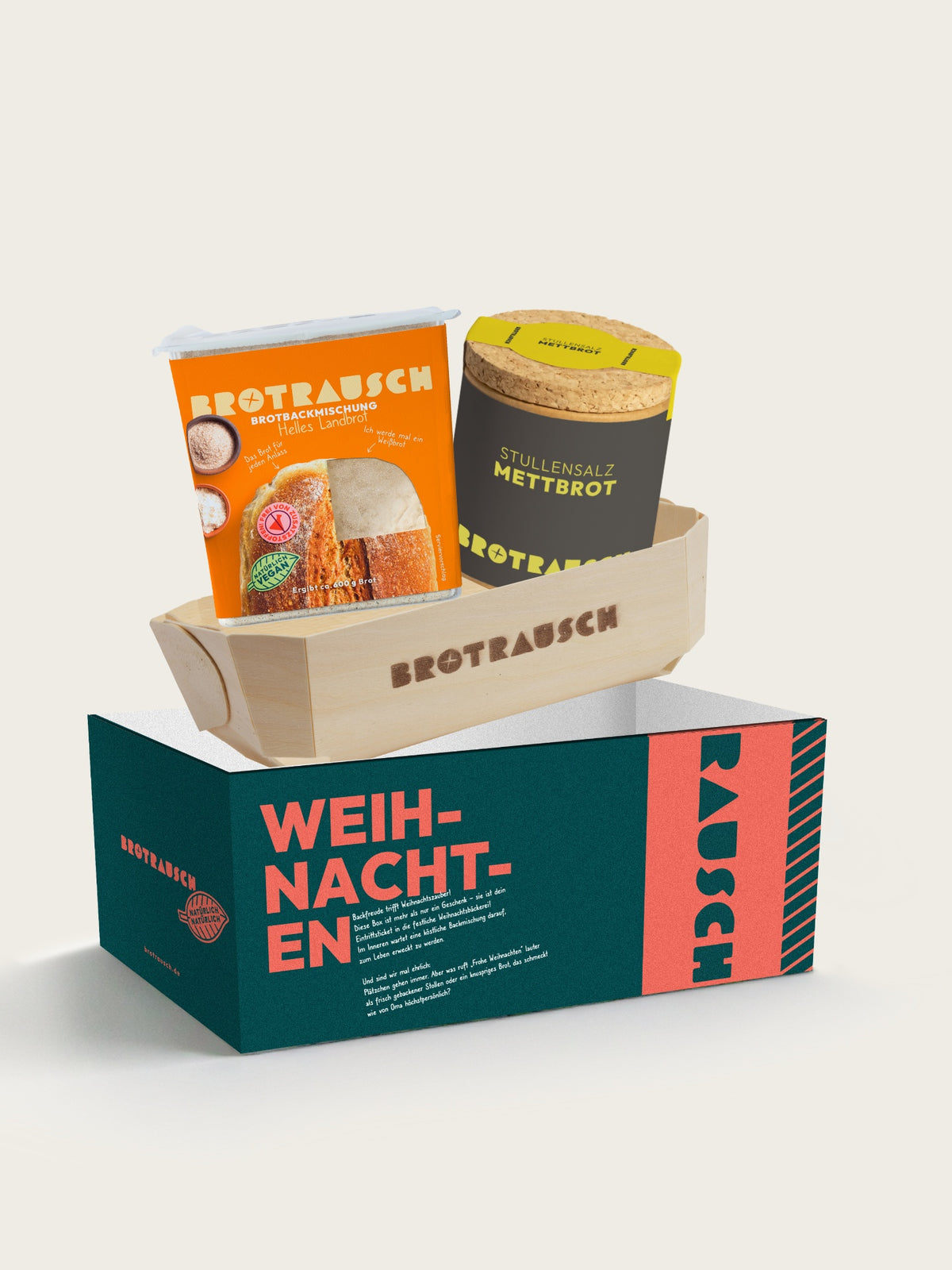 Geschenkbox Weihnachten M von Brotrausch: Brotbackmischung Helles Landbrot und Stullensalz Mettbrot mit Holzbackform