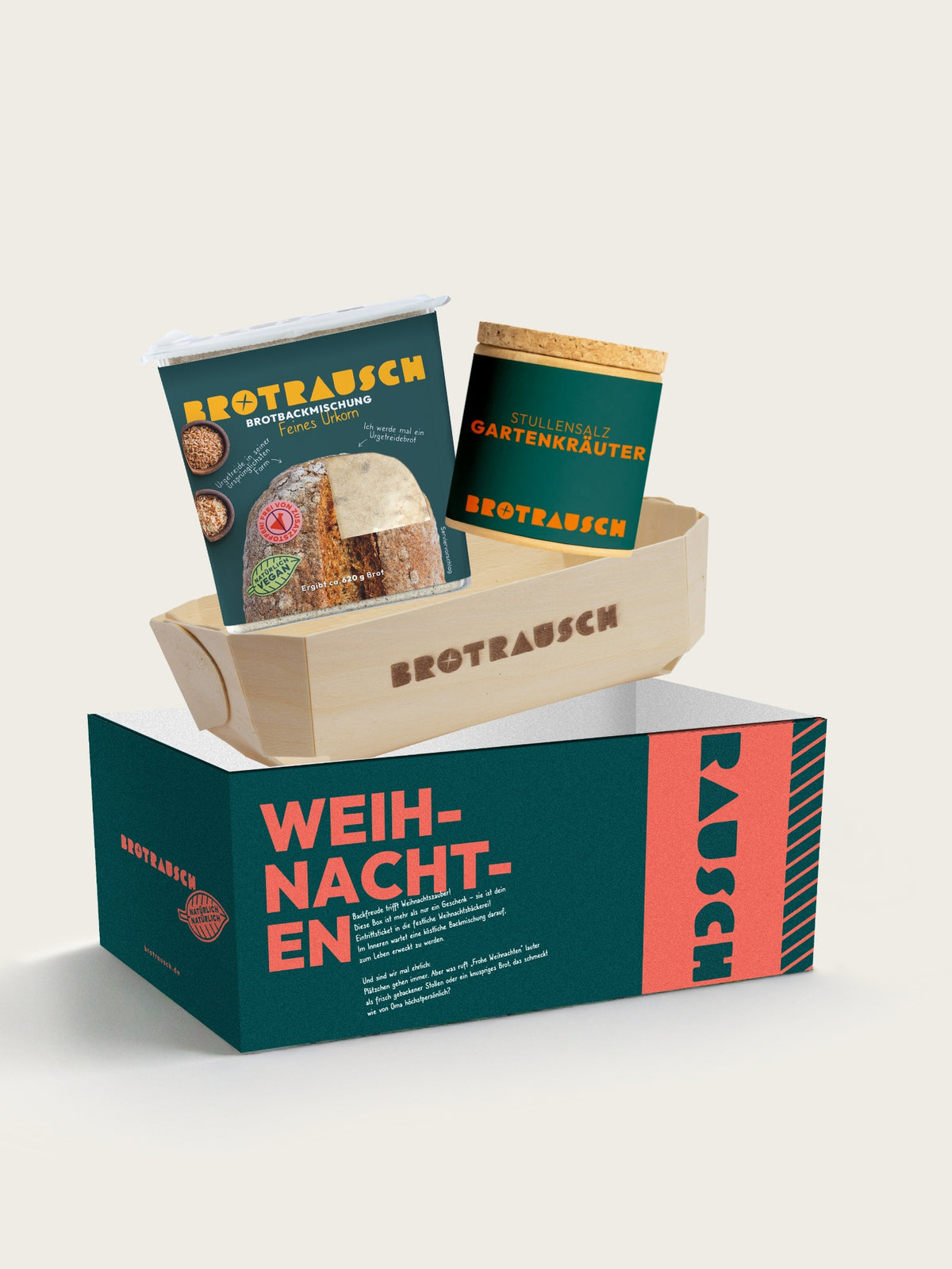 Geschenkbox Weihnachten M von Brotrausch: Brotbackmischung Feines Urkorn und Stullensalz Gartenkräuter mit Holzbackform