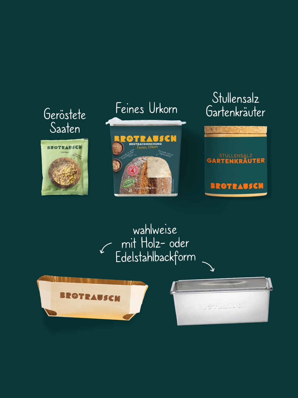 Inhalt der Weihnachtsbox M: Feines Urkorn, Topping Geröstete Saaten und Stullensalz Gartenkräuter, wahlweise mit Holz- oder Edelstahlbackform