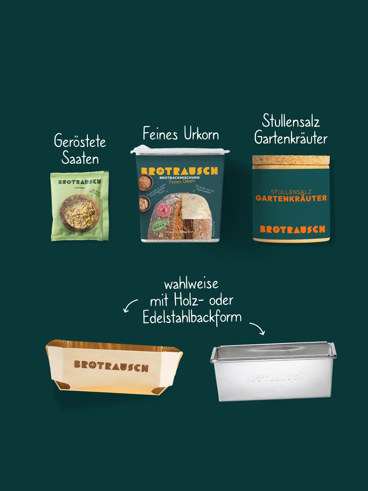 Inhalt der Weihnachtsbox M: Feines Urkorn, Topping Geröstete Saaten und Stullensalz Gartenkräuter, wahlweise mit Holz- oder Edelstahlbackform
