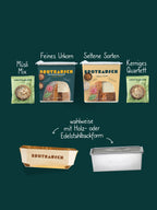 Inhalt der Weihnachtsbox M: Brotbackmischungen Feines Urkorn und Seltene Sorten mit den Toppings Müsli Mix und Kerniges Quartett