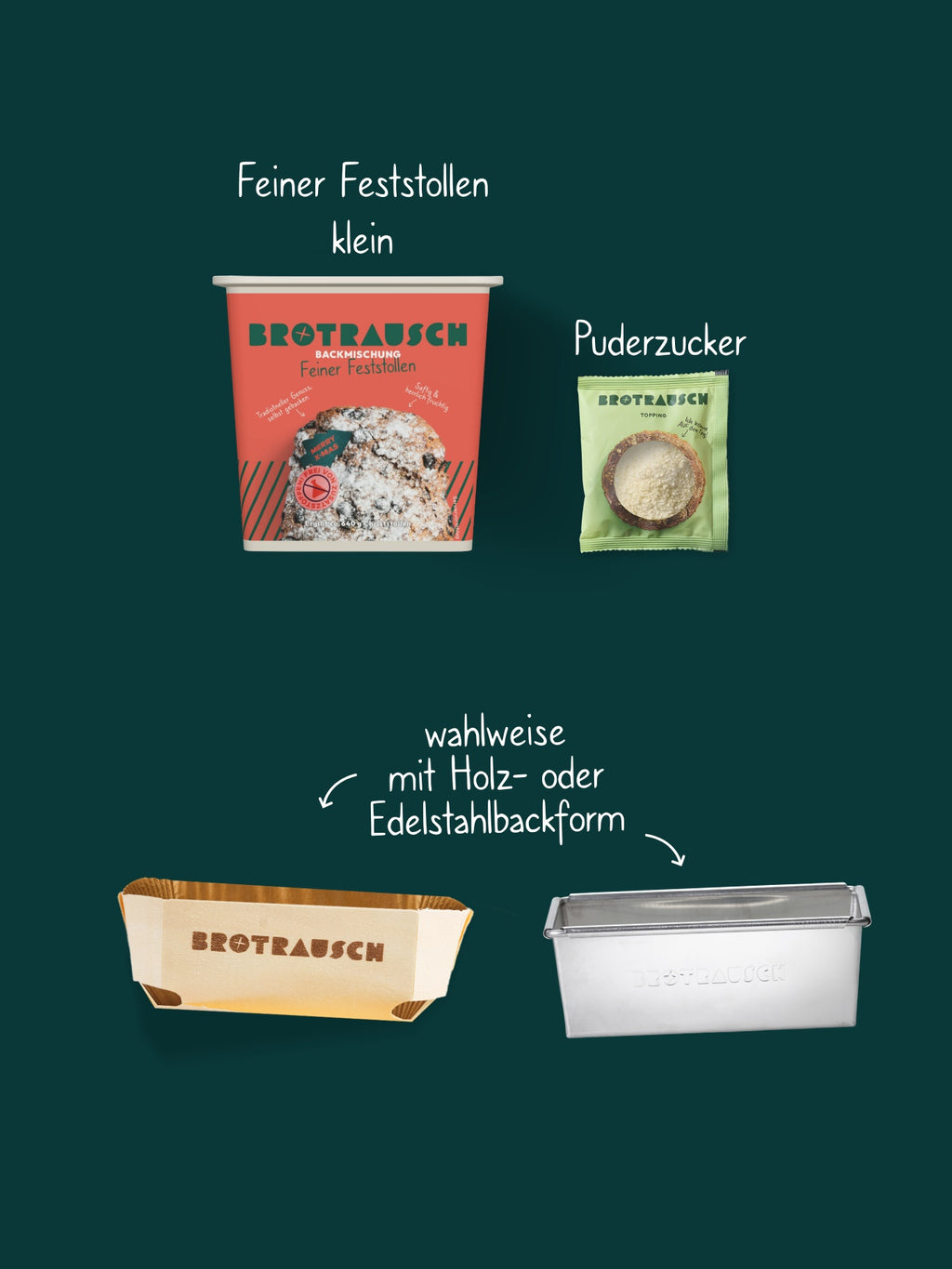 Inhalt der Weihnachtsbox S: Backmischung Feiner Feststollen klein mit Puderzucker, wahlweise mit Holz- oder Edelstahlbackform