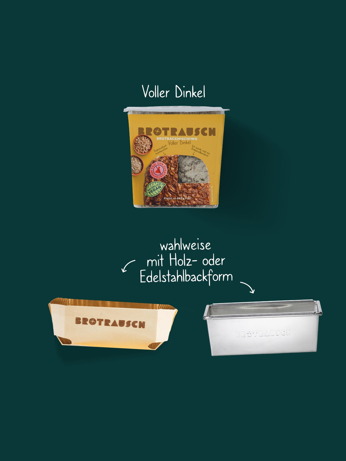 Inhalt der Weihnachtsbox S: Brotbackmischung Voller Dinkel für Dinkelvollkornbrot, wahlweise mit Holz- oder Edelstahlbackform