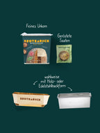 Inhalt der Weihnachtsbox S: Brotbackmischung Feines Urkorn und Topping Geröstete Saaten, wahlweise mit Holz- oder Edelstahlbackform