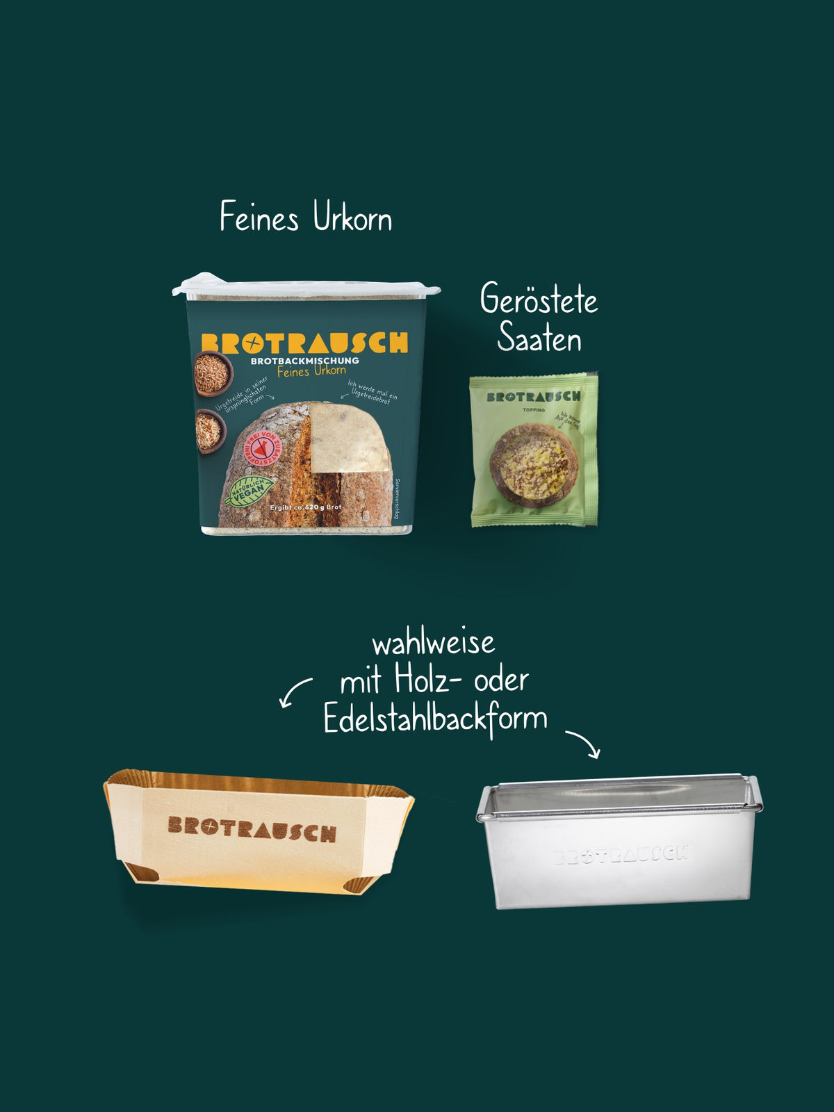 Inhalt der Weihnachtsbox S: Brotbackmischung Feines Urkorn und Topping Geröstete Saaten, wahlweise mit Holz- oder Edelstahlbackform
