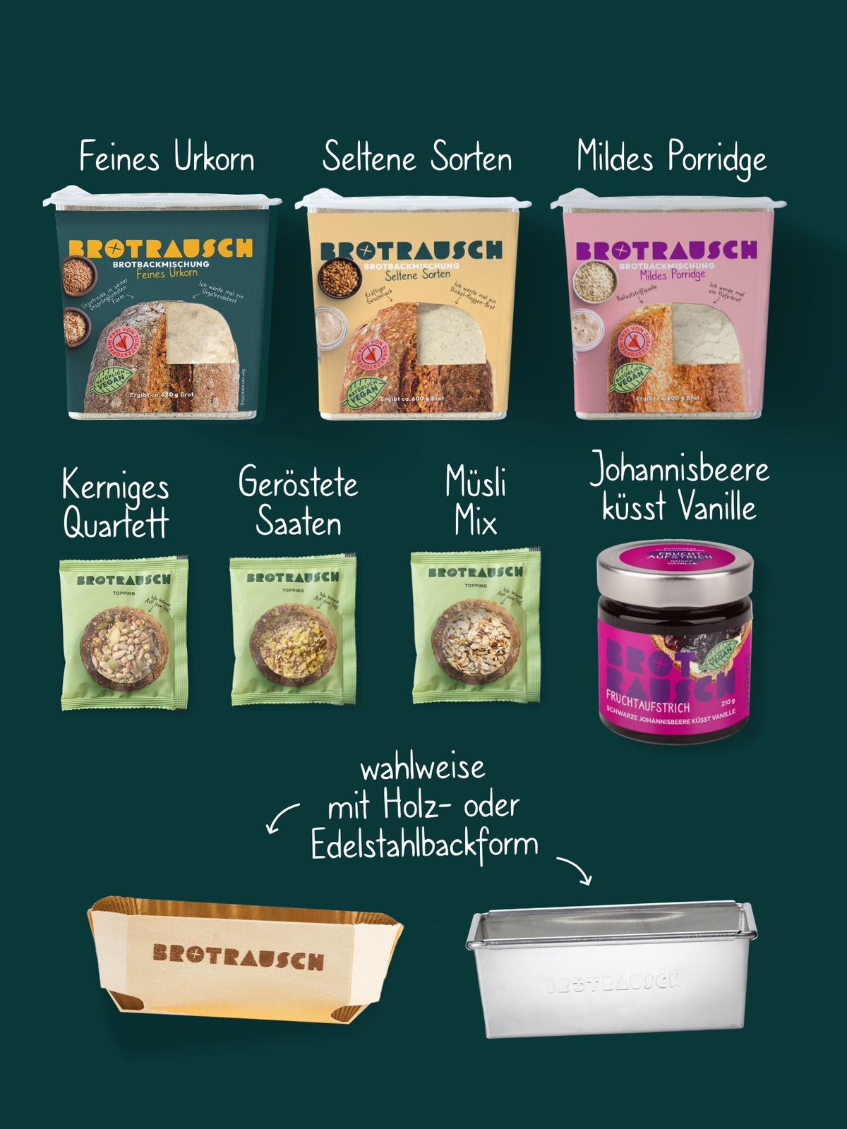 Inhalt der Weihnachtsbox XL: Feines Urkorn, Seltene Sorten, Mildes Porridge, drei Toppings und Fruchtaufstrich Johannisbeere Vanille