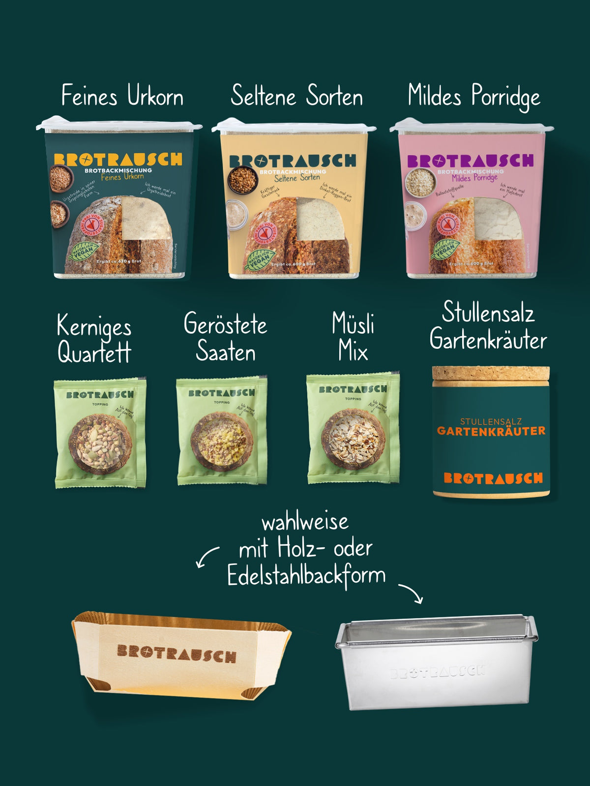 Inhalt der Weihnachtsbox XL: Feines Urkorn, Seltene Sorten, Mildes Porridge, drei Toppings und Stullensalz Gartenkräuter