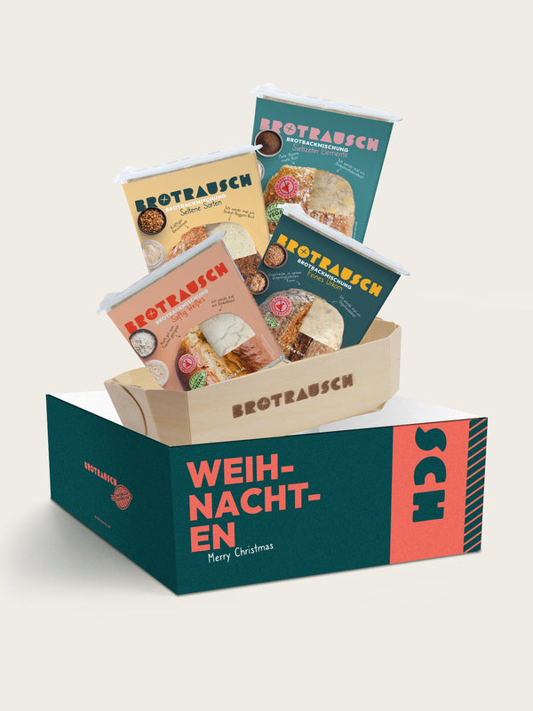 Große Geschenkbox Weihnachten XL von Brotrausch mit vier Brotbackmischungen und Holzbackform