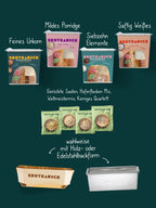 Inhalt der Weihnachtsbox XL: Feines Urkorn, Mildes Porridge, Siebzehn Elemente, Saftig Weißes und vier Toppings